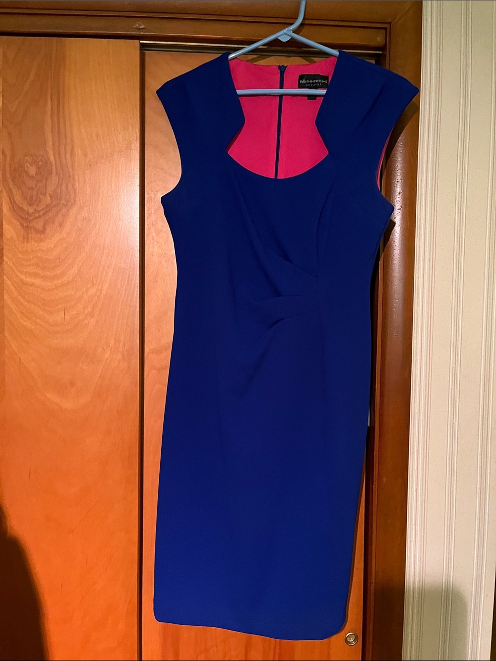 Connected Apparel Cobalt Blue Sheath Dress with Pink Lining, size 8